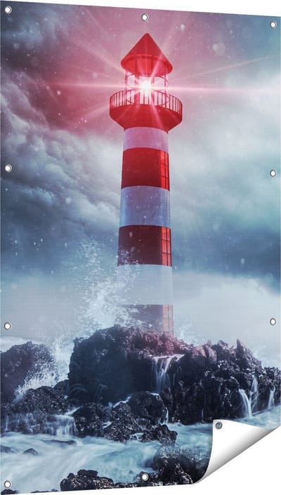 Gards Tuinposter Vuurtoren tijdens een Storm - 80x120 cm - Tuindoek - Tuindecoratie - Wanddecoratie buiten - Tuinschilderij
