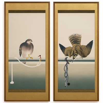 Fine Asianliving Chinees Schilderij Vogels Bladgoud Set/2 B37xH94cm