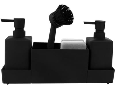 GELLDG Zeepdispenser - Keukenzeepdispenserset - 4-in-1 - Met sponshouder en borstel - Wasmiddeldispenser - Keukengadgets - Gootsteenorganizer - Geschikt voor restaurants en cafés - Zwart