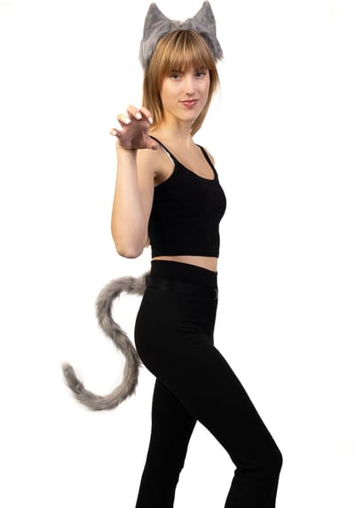 KIMU® Haarband Furry Oren & Staart Set Grijs - Kat Poes Vos Diadeem Dons Dieren - Dierenoren Oor Oortjes Vilt Lynx Hond Wolf Haren Staartje Festival