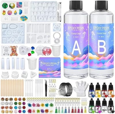 PromoHome Epoxyhars Kit Compleet Startersset - 500ml Gietbare Kunsthars met Pigmenten, Glitters, Siliconen Mallen en Accessoires voor DIY Sieraden en Ambachten