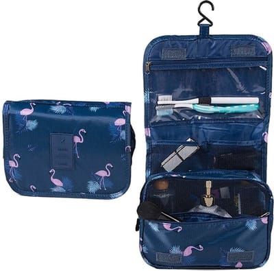 Fako Fashion - Reis Toilettas Met Ophang Haak - Make-up Travel Bag - Organizer Voor Toiletartikelen - Reisartikelen - Travel Bag - Ophangbare Toilettas - Flamingo Donkerblauw