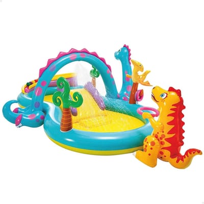 Opblaasbaar Dinoland Speelcentrum met Glijbaan en Watersproeier - Veelkleurig Waterspeelplezier voor Kinderen