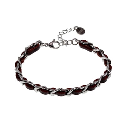 18,5cm tot 23,5cm x 7mm Cubaanse Armband Dames - RVS Zilverkleur - Schakelsarmband met Donkerbruin Leer - Verstelbaar