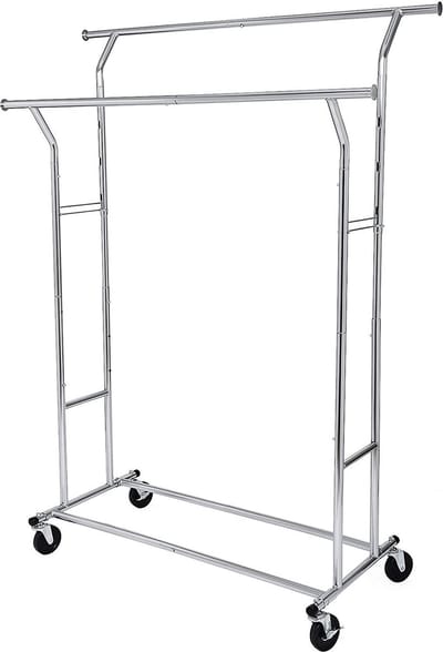 SONGMICS Zware metalen kapstok, belastbaar tot 110 kg, kapstok op wielen, lengte 129-169 cm, verchroomd HSR12S