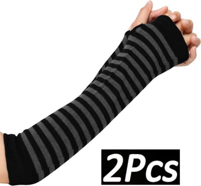 *** Zwarte Punk Lange Vingerloze Handschoenen Grijs Zwart Gestreept - Gothic - Alternatief - van Heble® ***