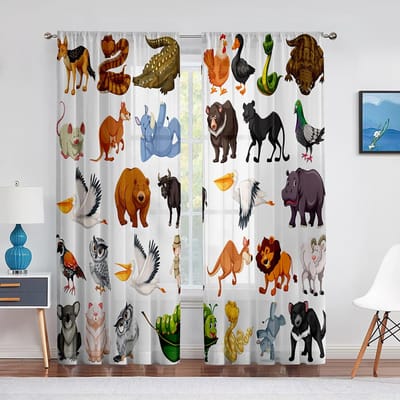 Jungle Safari Dieren Transparant Voile Gordijn voor Baby Slaapkamer Kinderkwekerij Schattige Olifant Leeuw Giraffe Tijger Raam Tule Gordijnen 1 PCS W100XH250cm&Grommet Top black