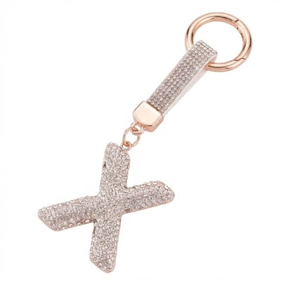Zilverkleurige sleutelhanger met letter X en strass steentjes – initial sleutelhanger voor dames en heren – metalen sleutel hanger met ronde ring en decoratieve letter hanger