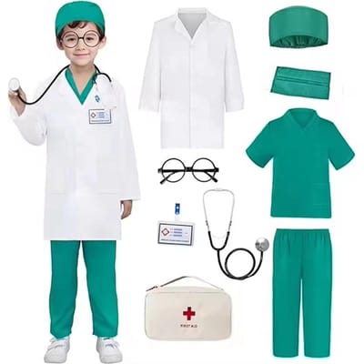 9 PIÈCES Uniformes d'Infirmier pour Garçons et Filles Blanches Blouses Chirurgicales de Médecin Avec Stéthoscope Costume de Performance pour Fête de Carnaval d'Enfants 120