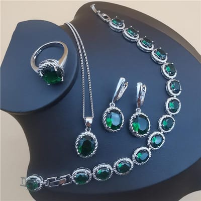 Sieradenset van vier stuks ovaalvormig Europese en Amerikaanse stijl met meerdere kleuren Hao Shi-kristal Ring size 9 gray