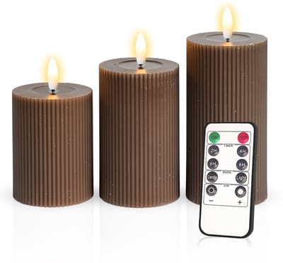 Meisterhome – 3 x Led Stompkaars Ribbel - Bruin – Stompkaars Echte wax - Led kaarsen - 10 / 12.5 / 15 cm Hoog - Met afstandsbediening – Timer 2/4/6/8 uur - Dimbaar