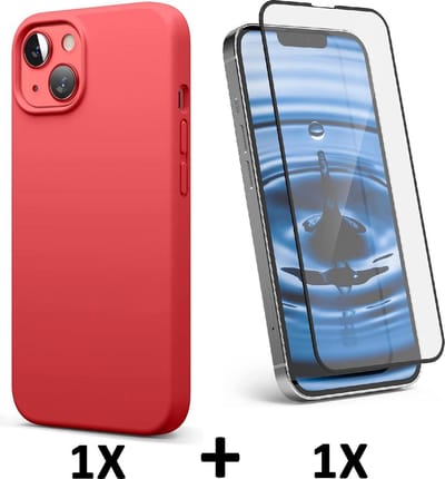HB Hoesje Geschikt voor Apple iPhone 13 - Rood / Volledige Glazen Screenprotector - Siliconen Back Cover