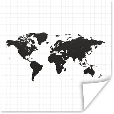 Poster 100x100 cm - Wereldkaart - Simpel - Zwart Wit - Posters - Kamer decoratie - Wanddecoratie woonkamer - Muurdecoratie slaapkamer XXL
