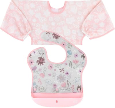 Bumkins Swap Pocket Bib - Slabset met Siliconen Opvangbakje - 1 Slab en 1 Mouwslab - Waterdicht - Oprolbaar voor Onderweg - Met Klittenband - Machinewasbaar - Baby Led Weaning BLW - Floral & Lace - Bloemen en Kant - Grijs Roze - 6-18 maanden