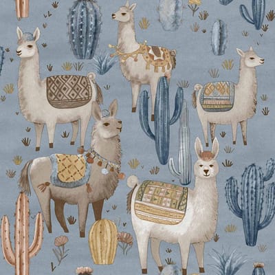 Behang - Kinderkamer – Alpaca – Schattige dieren - Cactus - Blauw - Bruin - Grijs - Babykamer - Kinderbehang - 0,53 x 10,05 M - Minime