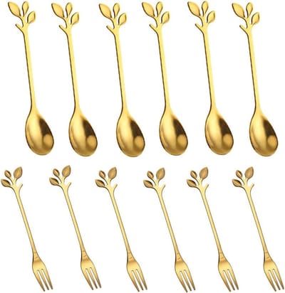 Lange Lepels voor Dessert - Gouden Lepel en Vork Set - met Bladvormig Design - 12-delig - RVS - Luxe Koffielepels & Dessertvorkjes - Roestvrij Staal - Tafeldecoratie voor Gebak & Dessert - Goudkleurig Bestek