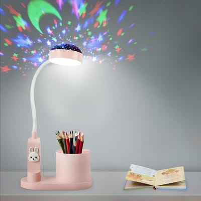 GELLDG Kinderbureaulamp - Kindernachtlampje - Met pennenhouder - Automatisch van kleur veranderende bureaulamp - Projectorlamp - Dimbaar - Oplaadbare LED-leeslamp geschikt voor kinderen - Roze