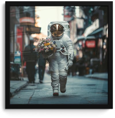 Poster in lijst - Fotolijst 40x40 cm - Posters - Boeket - Bloemen - Kleurrijk - Astronaut - Posterlijst zwart - Decoratie - Wanddecoratie woonkamer - Muurdecoratie slaapkamer