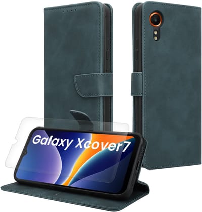 kwmobile telefoonhoesje geschikt voor Samsung Galaxy Xcover7 hoesje - Smartphone case met pasjeshouder - RFID-blokkering en screenprotector - In petrol