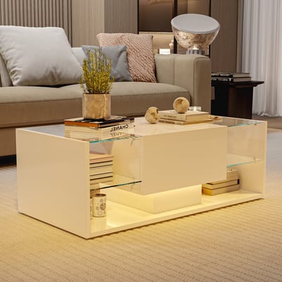 Salontafel 100x50x35cm – Wit Hoogglans met LED Licht, Lade en Opbergruimte, Modern Design voor Woonkamer