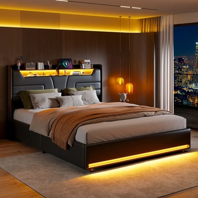 Opbergbed 140x200 cm – Tweepersoonsbed met Gaslift en Opbergruimte, LED Verlichting Hoofdbord en Voeteneinde, Hoofdbord met Oplaadfunctie – PU Leer Zwart