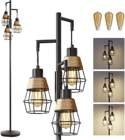 Rosnek Moderne Industriële Staande Lamp - 3 Dimbare Kooikappen - 175 cm Hoog - Traploos Dimbaar - 3x E27 LED-lampen - Voor Woonkamer, Slaapkamer & Kantoor