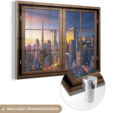 MuchoWow® Glasschilderij 60x40 cm - Schilderij acrylglas - Doorkijk - Hout - New York - Foto op glas - Schilderijen