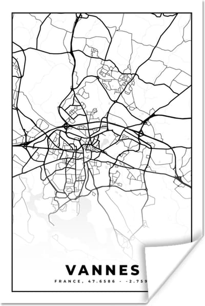 Poster Kaart - Plattegrond - Vannes - Frankrijk - Stadskaart - Zwart wit - 120x180 cm XXL