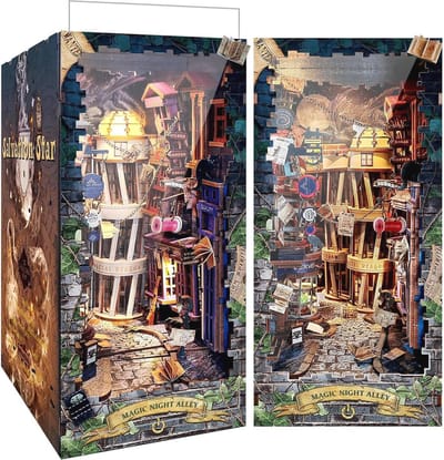 DIY Miniatuur Poppenhuis Book Nook met LED-lamp - Magische Nachtstraat 3D Houten Puzzel Boekensteun voor Creatieve Decoratie