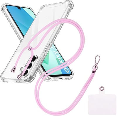 Shock Proof Case Hoes Geschikt voor Samsung Galaxy A15 Hoesje Transparant Met universele Telefoonkoord lichtroze - Cover - Nek Hanger - Koord Hoes