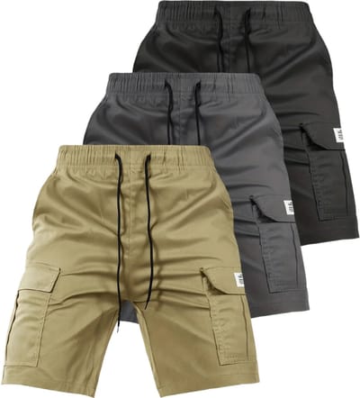 Livano Korte Broek Heren - Cargobroek - Spijkerbroek - met Zakken - Volwassenen - Jongens - Shorts - 3 Pcs - Khaki/Grijs/Zwart - Maat XXS