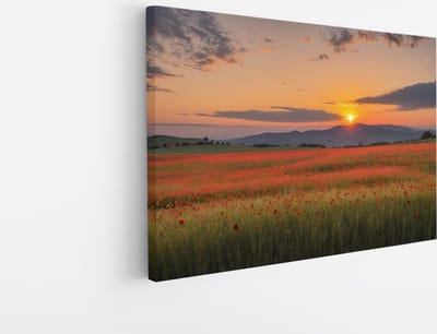 Saammp Canvas Schilderij - Rood bloemenveld met bergachtig landschap - Natuur - 45x30 - Foto op canvas - Wanddecoratie - Muurdecoratie Woonkamer - Slaapkamer decoratie - Canvas Print