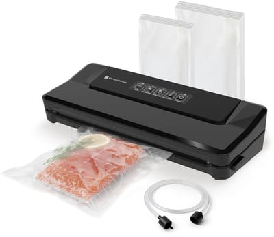 KitchenBrothers – Vacumeermachine – 4 Functies & Inclusief 40 PFAS-vrije Zakken – Voorzien Van Pulse-functie En Vacuümslang – Voor Sous-vide En Meal Prep – Zwart Kunststof