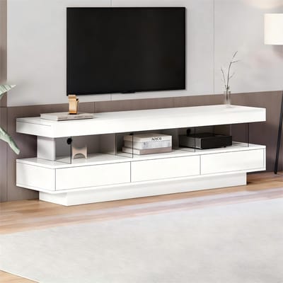 Wishdor - Tv-Meubel - Hoogglans - Led-Verlichting Met App-Bediening Via Bluetooth - Met 3 Glazen Vakken - Wit - 160 X 38 X 50,5 Cm