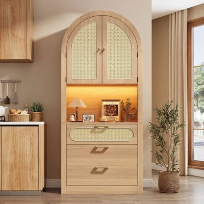 Vitrinekast - 80x35x180 cm - LED Verlichting met Rotan Deuren en 3 Lades - Hout - Licht Eiken