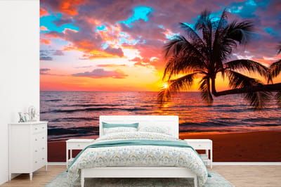 Behang - Fotobehang Palm - Zonsondergang - Strand - Zee - Horizon - Breedte 330 cm x hoogte 220 cm
