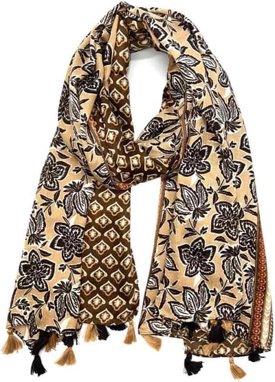 Lange dames sjaal Ilse gebloemd motief beige bruin wit oranje donkerbruin