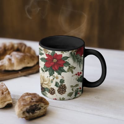 Magische Mok - Foto op Warmte Mokken - Koffiemok - Feestelijk - Textielpatroon - Kerstbloemen - Kleurrijk - Magic Mok - Beker - 350 ML - Theemok