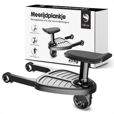 Silvax® - Meerijdplankje - Eenwieler - Meerijd plankje met zitje - Voor kinderwagen met horizontale asdiameter van 2,5 cm - Extra stevig - Zwart