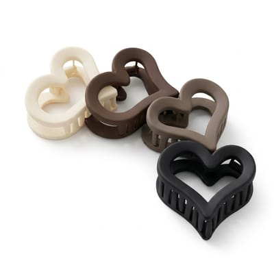 Set van 4 hart haar clips – zwart, bruin en crème – dames – matte kunststof hart vorm haar klemmen – grote open design haar accessoires