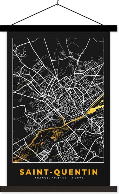 Posterhanger incl. Poster 40x60 cm - Schoolplaat - Frankrijk – Plattegrond – Kaart – Saint-Quentin – Stadskaart - Textielposter - Zwarte latten - Stadskaart
