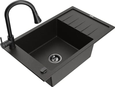 Mexen Elias granieten spoelbak met 1 bak, afdruipplaat en keukenmengkraan Elia, zwart/goud metallic - 6511-75-670101-70-B