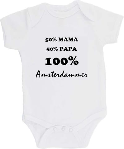100% katoenen Romper "50% mama, 50% papa, 100% Amsterdammer" Unisex Katoen Wit/zwart Maat 62/68