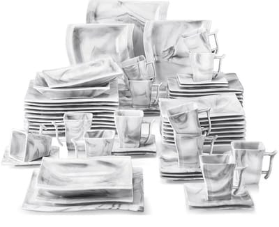 60-delige Porseleinen Servies Set – Compleet Marmer Servies voor 12 Personen – Inclusief Dinerborden, Dessertborden, Soepborden, Kopjes & Schoteltjes – Luxe Serviesset