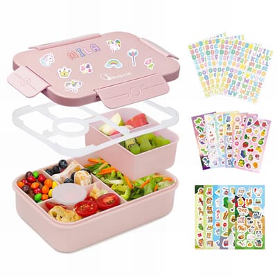 Lunchbox - Lekdicht met vakken en bestekset - Voor kinderen - Roze - 1300ML - Inclusief 16 stickers