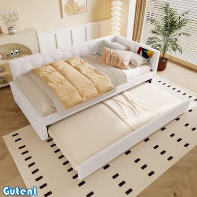Gutyent Slaapbank-90*200 cm-met lattenbodem (Zonder matras)-met bedlampje-met multifunctioneel uitschuifbed-USB-interface-Type-C-aux wol-Wit