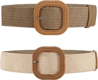 2-delige Gevlochten Taillebanden voor Dames, Elastische Riemen voor Zomerjurken, Brede Taillebanden met Houten Gesp voor Strandoutfits en Casual Damesmode