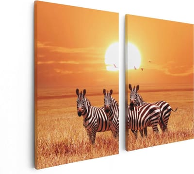 Artaza Canvas Schilderij Tweeluik Drie Zebra's Bij Zonsondergang - 80x60 - Foto Op Canvas - Canvas Print