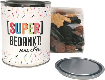 Bedankt cadeautje, Cadeaublik: Super bedankt voor alles, gevuld met drop