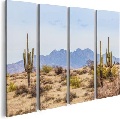 Artaza Canvas Schilderij Vierluik Cactussen in de Woestijn - 80x60 - Foto Op Canvas - Canvas Print